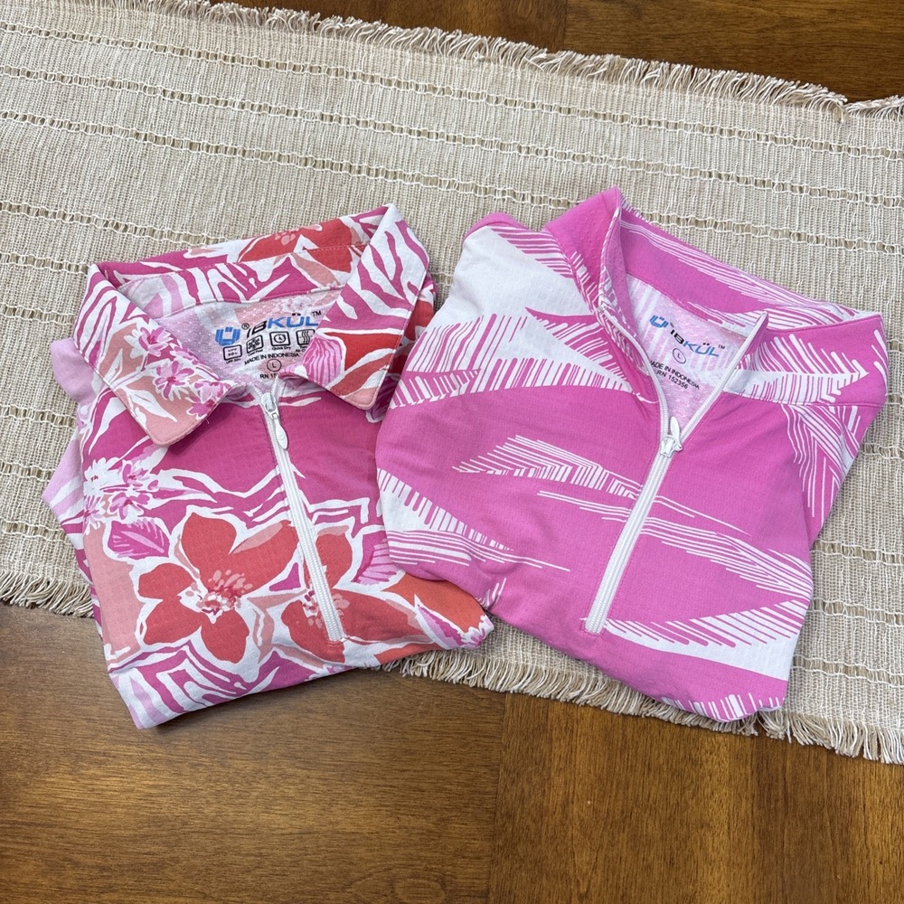 Set Of Two IBKUL Pink & White Long Sleeve POLO Golf Shirt - size Large